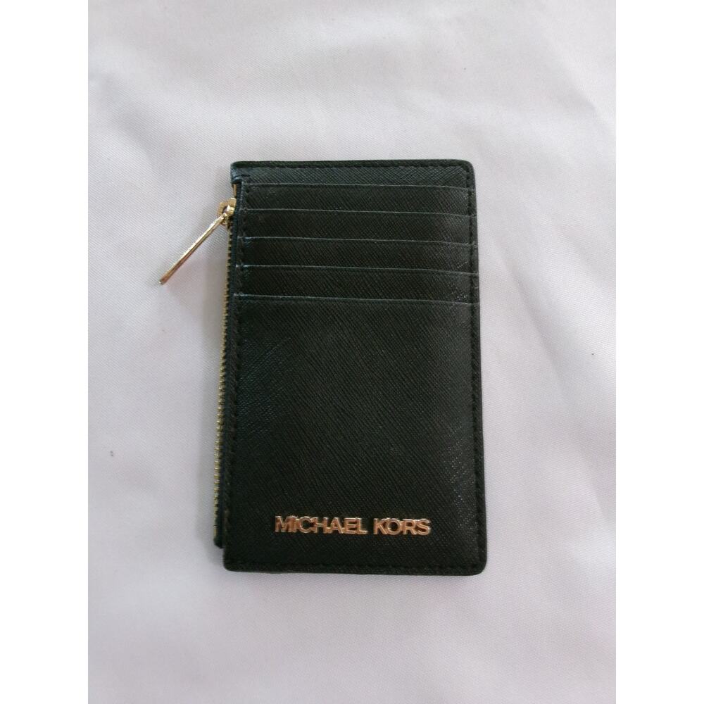 Michael Kors Jet Set Black Saffiano Leather Top Zip Card Case Wallet Gold
